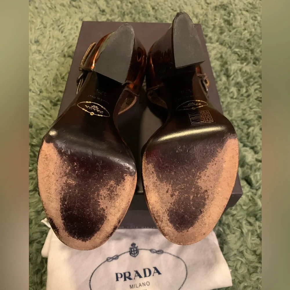 PRADA PLATFORM TORTOISESHELL LEATHER SANDALS 37 - Picture 5 of 7